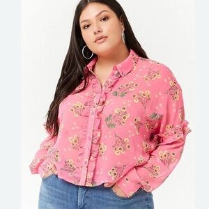 Women’s Floral Pink Ruffle Blouse size 1X